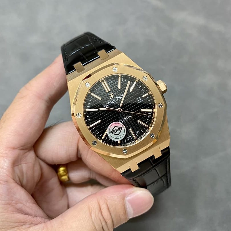 Replica AP watch Best Fake Audemars Piguet Royal Oak Selfwinding Rose Gold 41mm Black Dial Leather 15400OR.OO.D002CR.01-APS