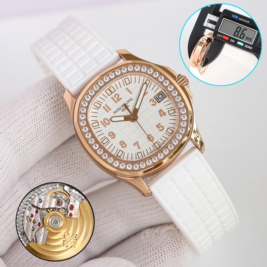 Fake Patek Philippe Replica Watch Aquanaut Ladies Embossed Brown Arabic Diamond Bezel Rose Gold Composite 35.6mm 5068R-001 TWF