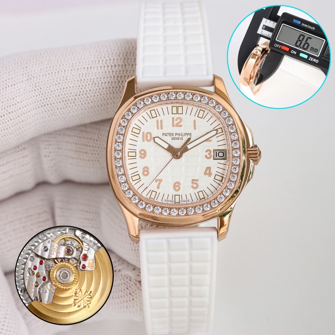 Fake Patek Philippe Replica Watch Aquanaut Ladies Embossed Brown Arabic Diamond Bezel Rose Gold Composite 35.6mm 5068R-001 TWF