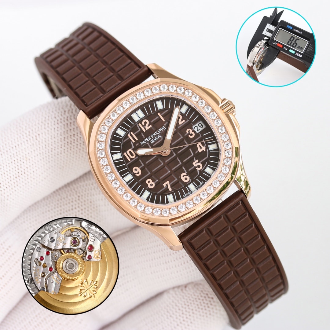 Fake Patek Philippe Replica Watch Aquanaut Ladies Embossed Brown Arabic Diamond Bezel Rose Gold Composite 35.6mm 5068R-001 TWF