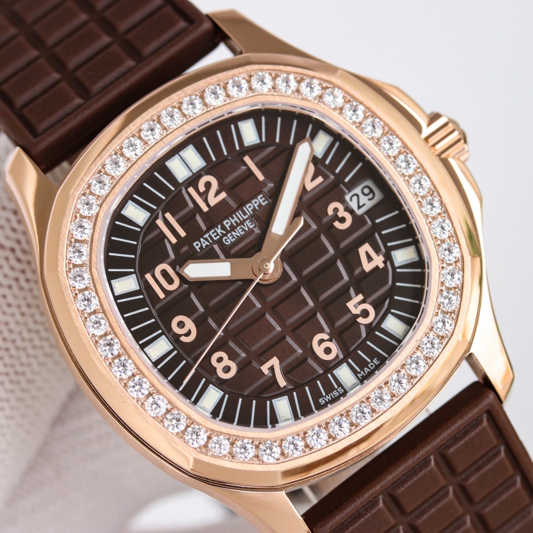 Fake Patek Philippe Replica Watch Aquanaut Ladies Embossed Brown Arabic Diamond Bezel Rose Gold Composite 35.6mm 5068R-001 TWF