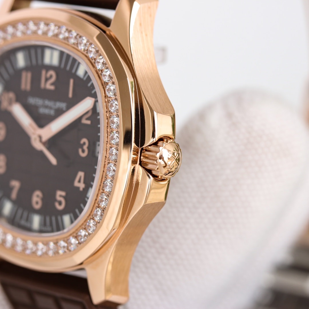 Fake Patek Philippe Replica Watch Aquanaut Ladies Embossed Brown Arabic Diamond Bezel Rose Gold Composite 35.6mm 5068R-001 TWF